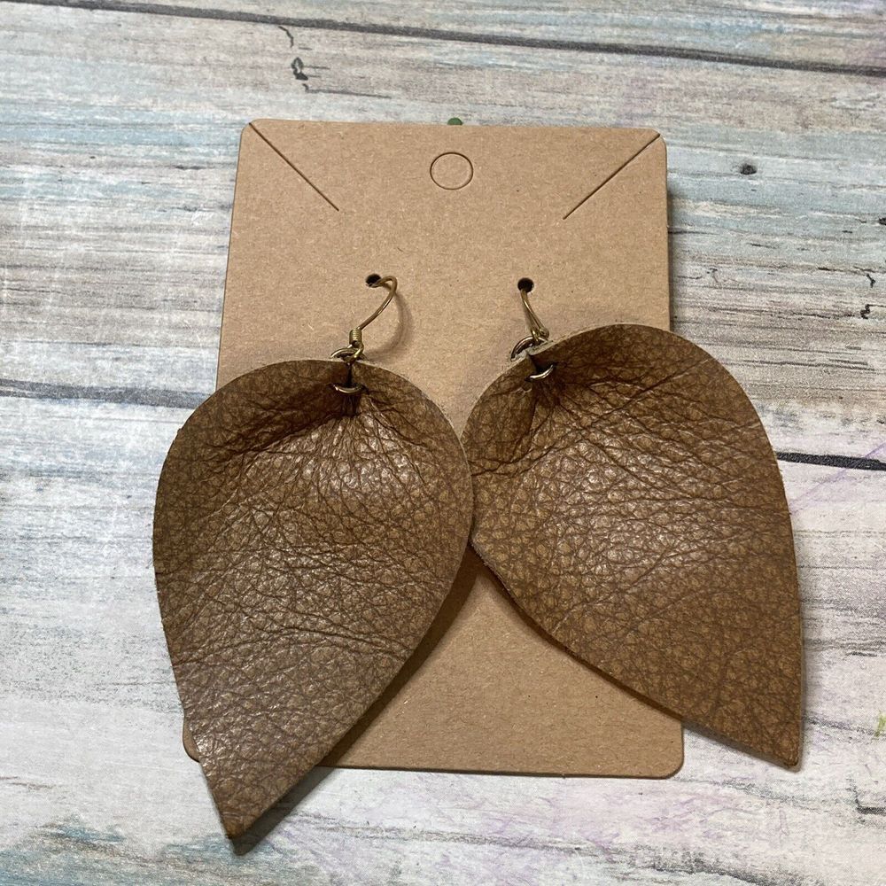 Tan Leather Leaf Pinched‎ EARRINGS Large dangle